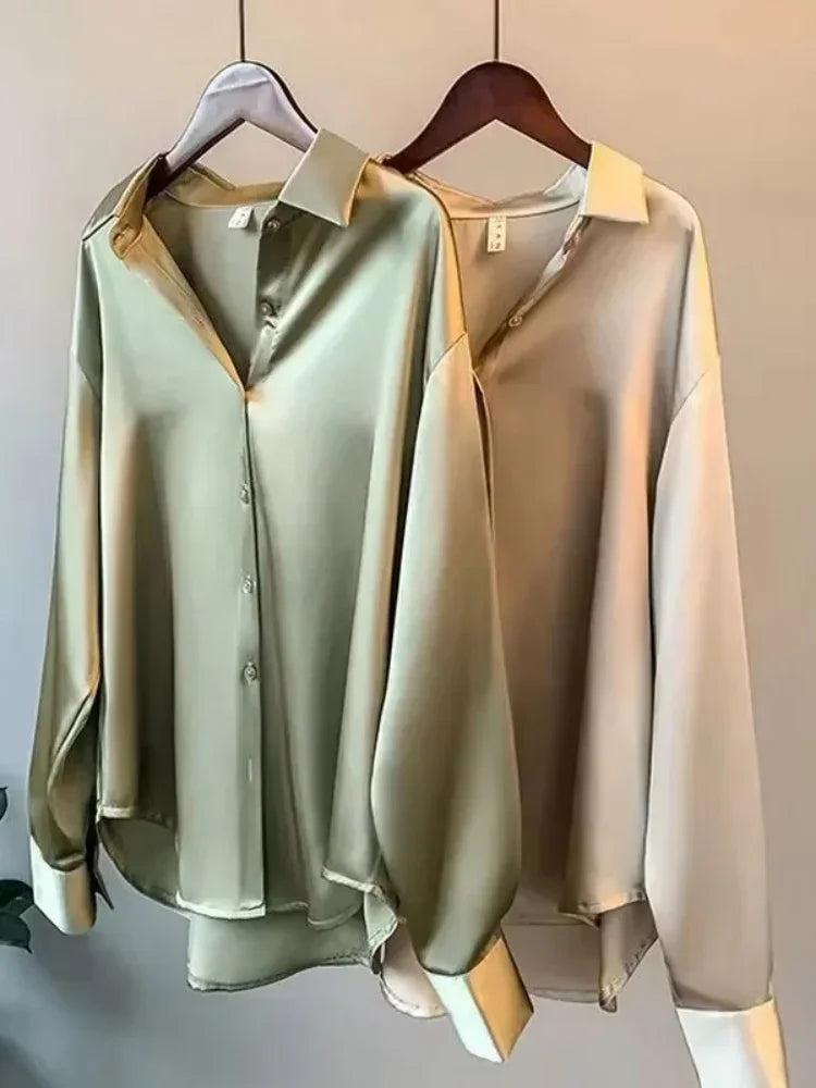 Fall Turn-down Collar Satin Loose Shirt