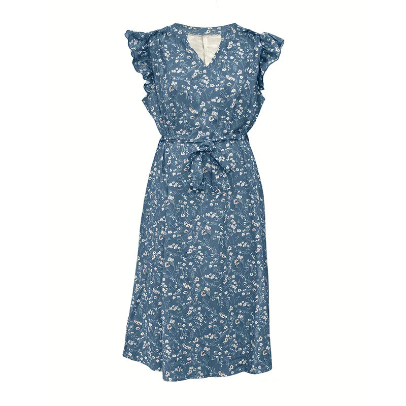 V-Neck Sleeveless Floral Print Dress with Ruffle Pockets