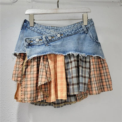 Plaid Denim Patchwork Irregular A-Line Mini Skirt
