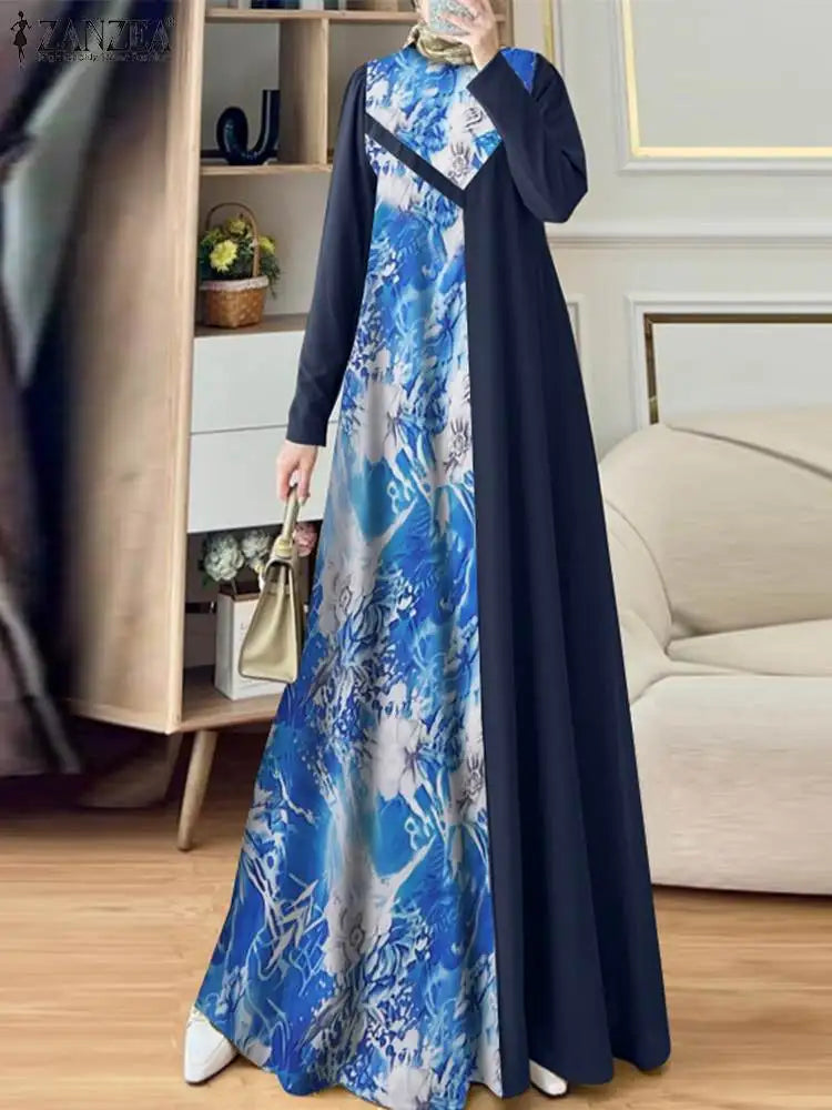 ZANZEA Women Elegant Long Sleeve IsIamic Robe Maxi Vestidos Muslim Patchwork Abaya Dubai Sundress Autumn Floral Printed Dresses