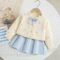 Flower Bow Knitted Cardigan + Short Skirt Set