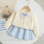 Flower Bow Knitted Cardigan + Short Skirt Set