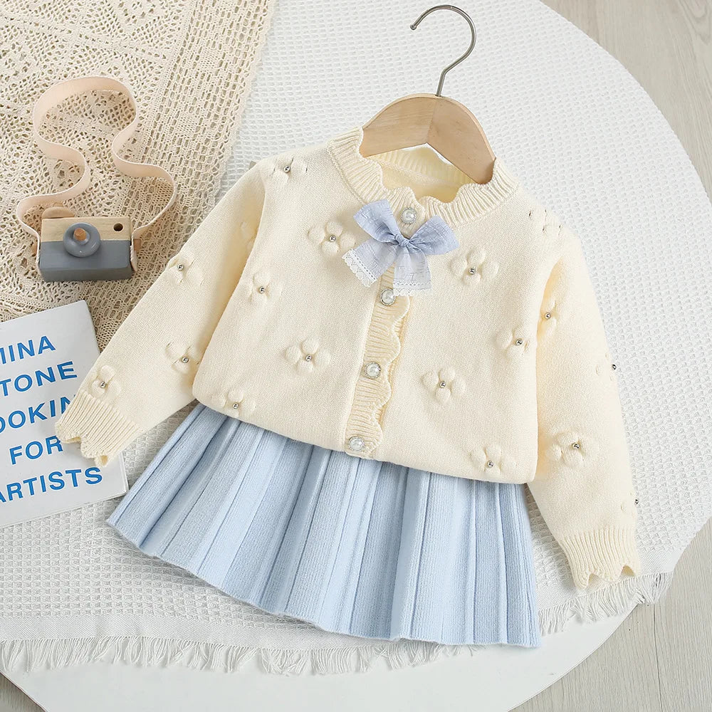 Flower Bow Knitted Cardigan + Short Skirt Set