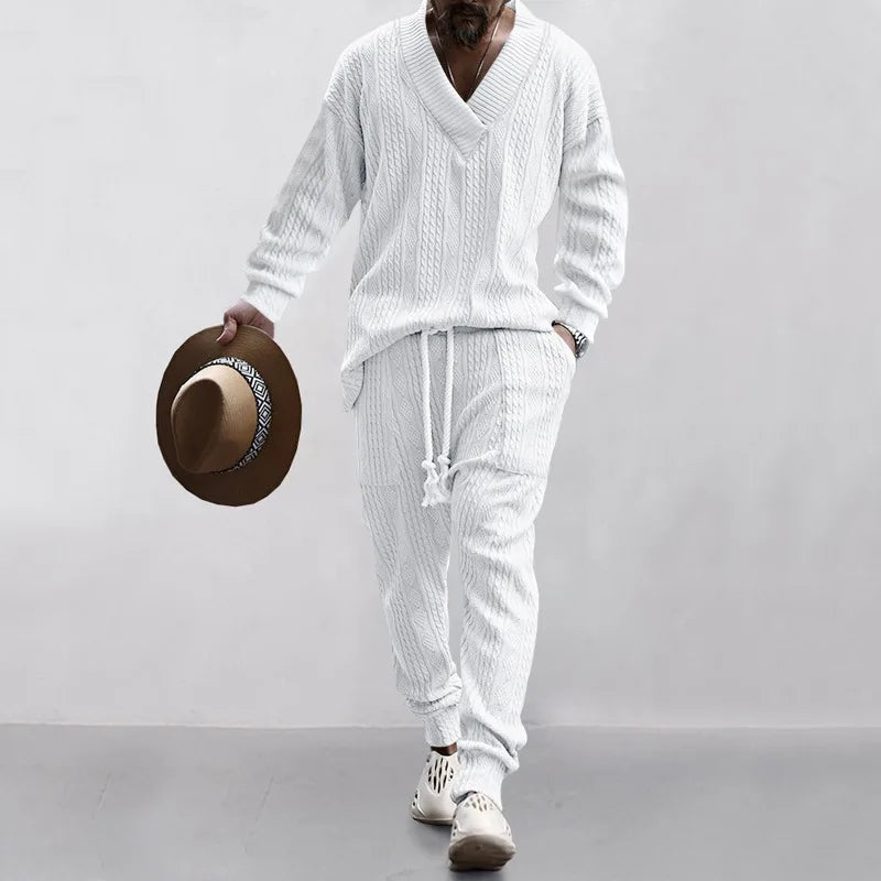 Casual Trousers V-Neck Versatile Jacquard Knitted Sweater Set