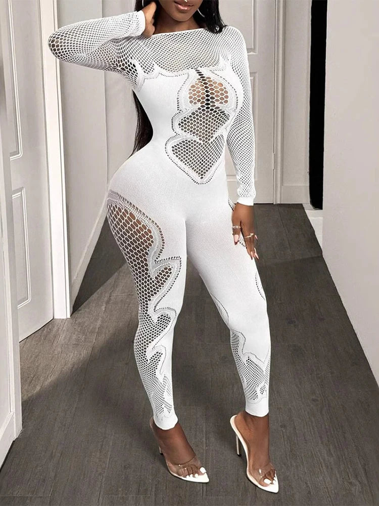FHSEER Sheer Mesh Long Sleeve Hollow Out Bodycon Jumpsuit