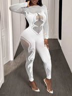 FHSEER Sheer Mesh Long Sleeve Hollow Out Bodycon Jumpsuit
