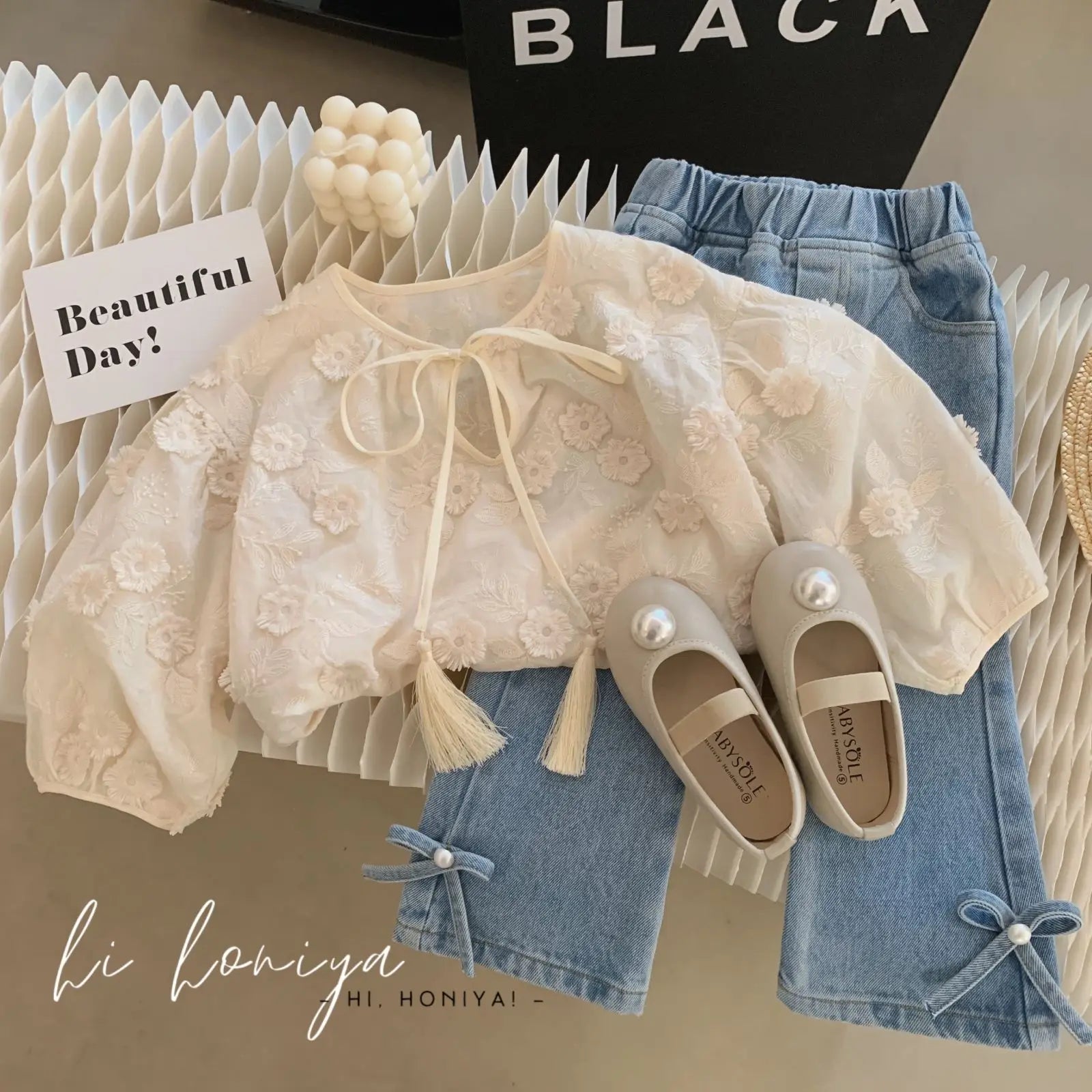 Denim Pants with Pearl Bow Detail
