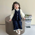 Denim Ruffle Bow Printed Vest + Long Sleeved Shirt + Pants 3 Pcs Set