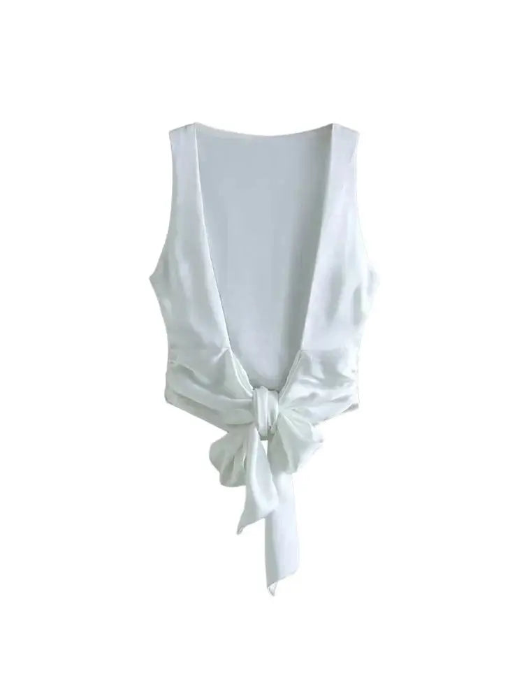 Tied Satin Back Open Crop Blouse