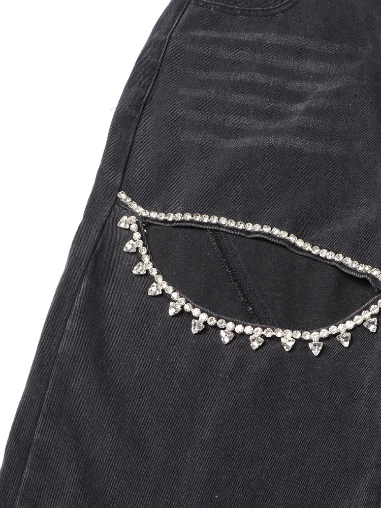 TWOTWINSTYLE Hollow Out Patchwork Diamonds Jeans