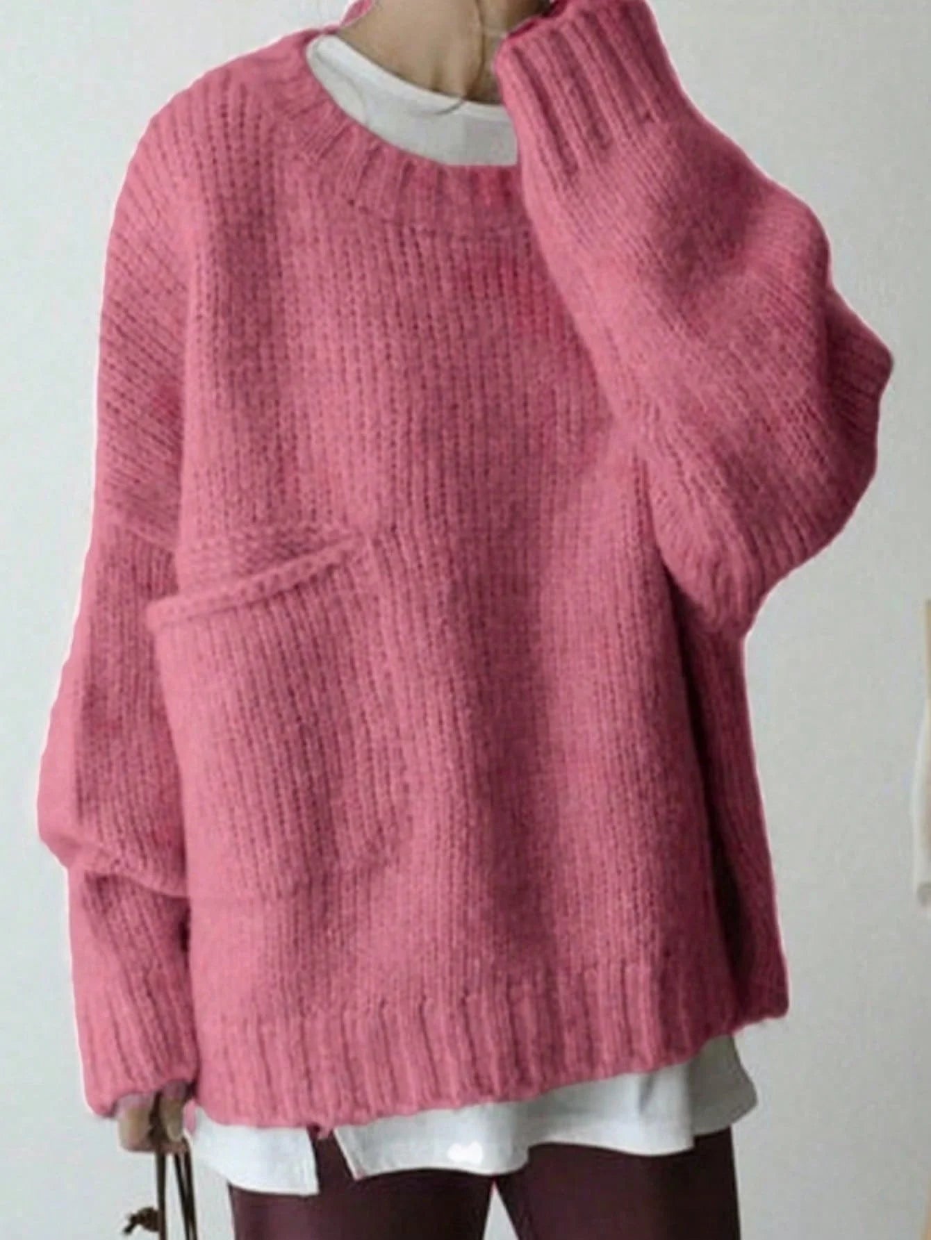 Crew Neck Long Sleeve Pullover Sweater with Side Pockets