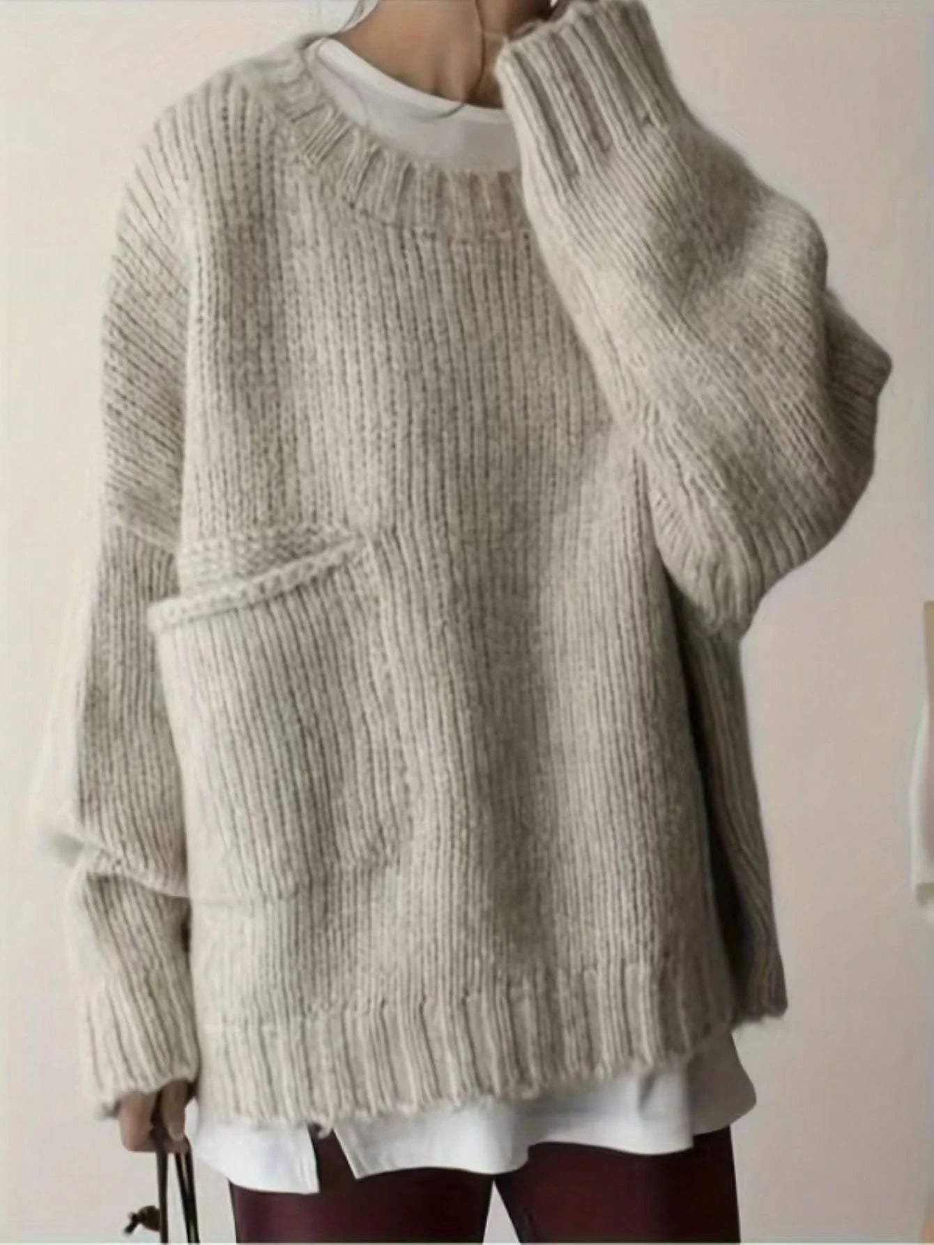 Crew Neck Long Sleeve Pullover Sweater with Side Pockets