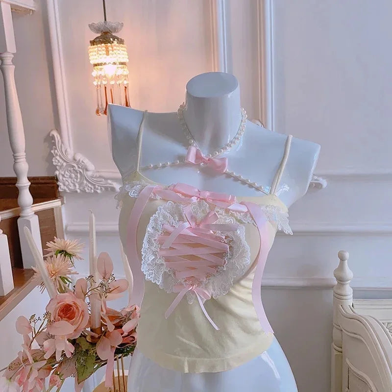 Lace Trim Heart Shaped Bow Decoration Top