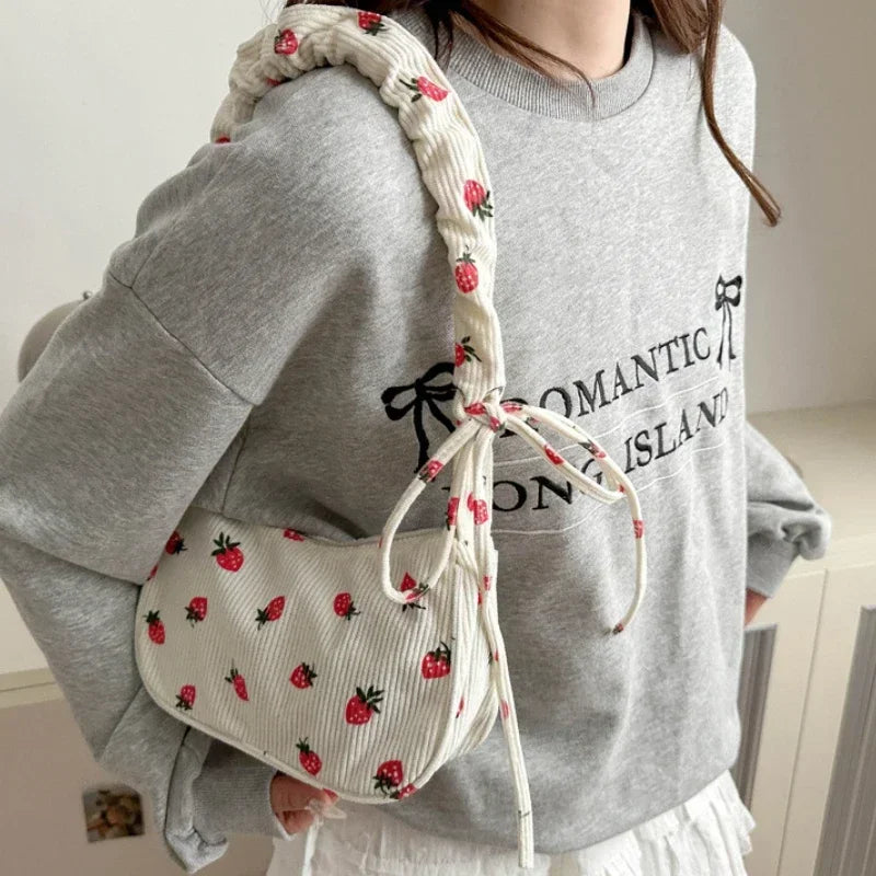 Strawberry Print Half Moon Tote