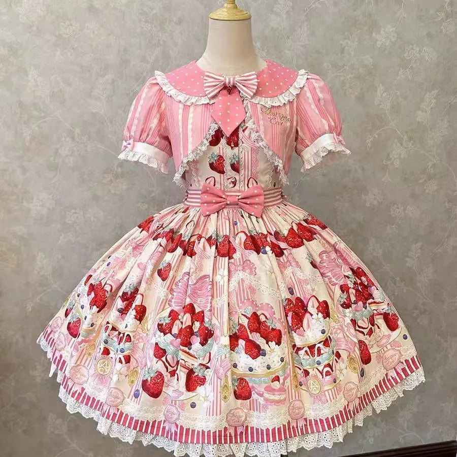 Strawberry Cake Print Suspenders Dress