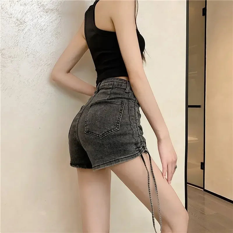 Ruched Drawstring Denim Shorts