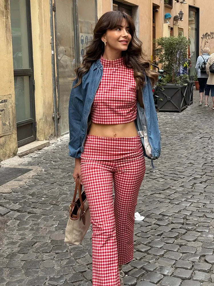 Classic Gingham High-Neck Crop Top & Trouser Set