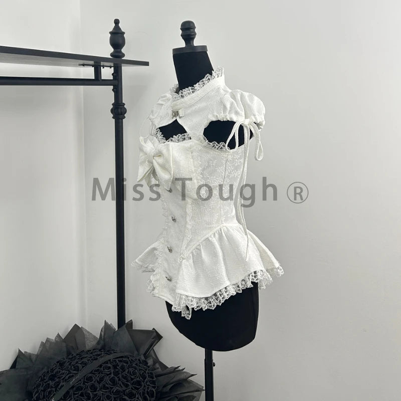 High-Neck Keyhole Cutout Corset Top and Tiered Ruffle Mini Skirt with Oversized Bow