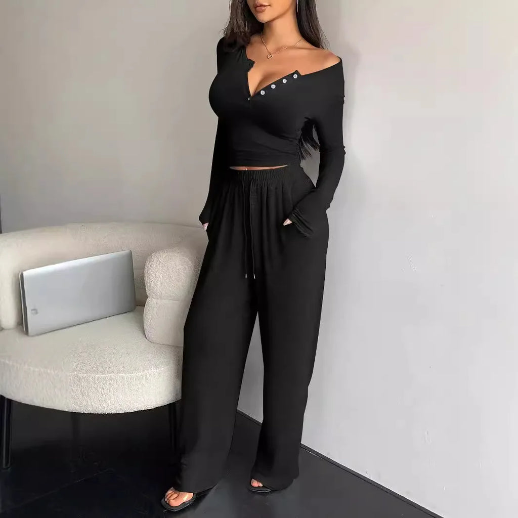 Button Solid Color Long-sleeved Top Drawstring Pocket Wide-leg Pants Women Casual Set