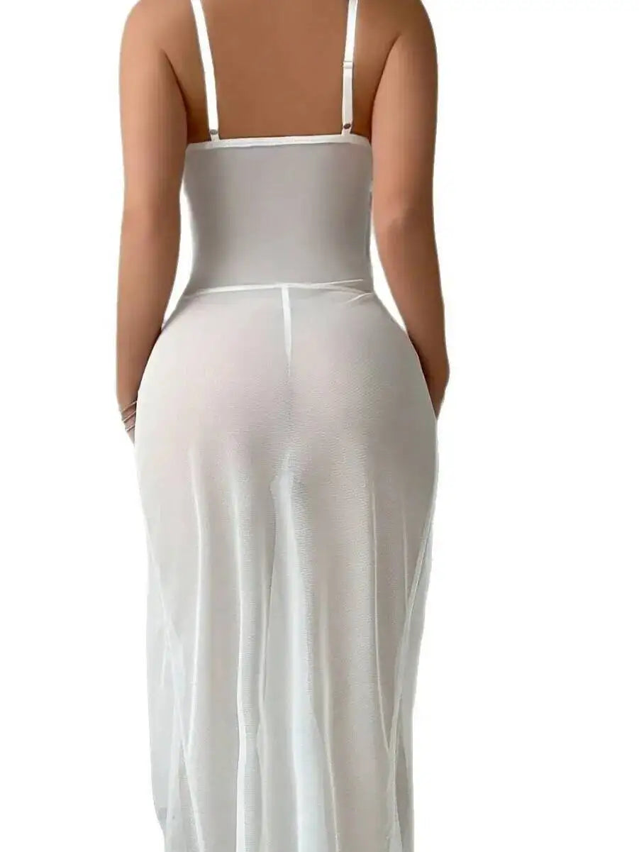 Solid Color Mesh Long Dress
