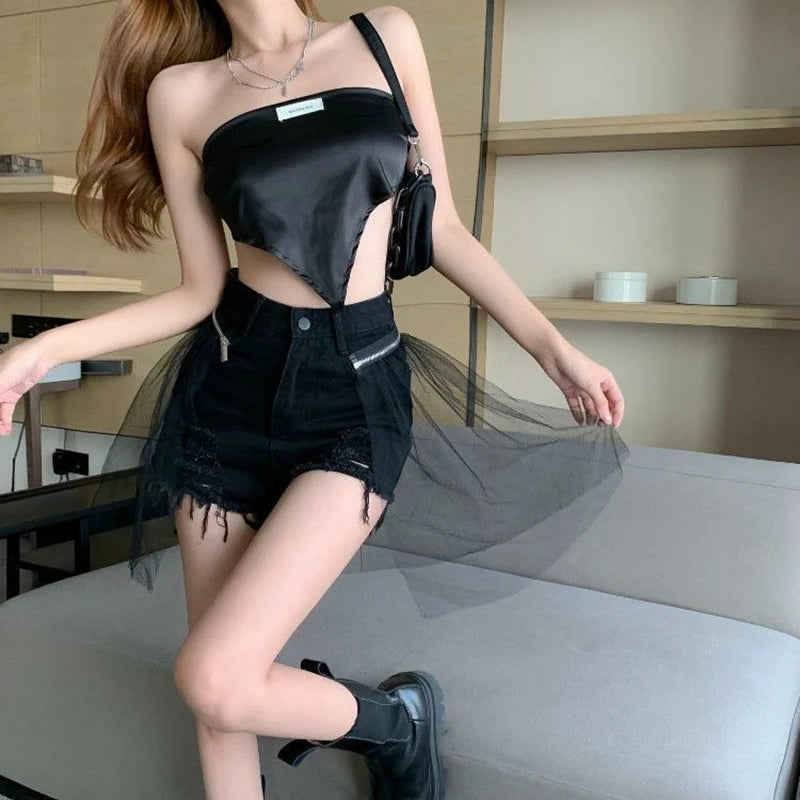 Black Mesh Panel Distressed Denim Shorts
