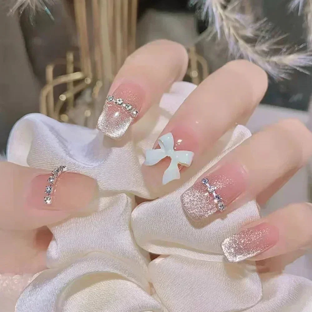 24Pcs Pink Ballet False Nails Long Coffin with Rhinestone Love Heart Wearable Fake Nails Full Cover Press on Nails Tips Glitter