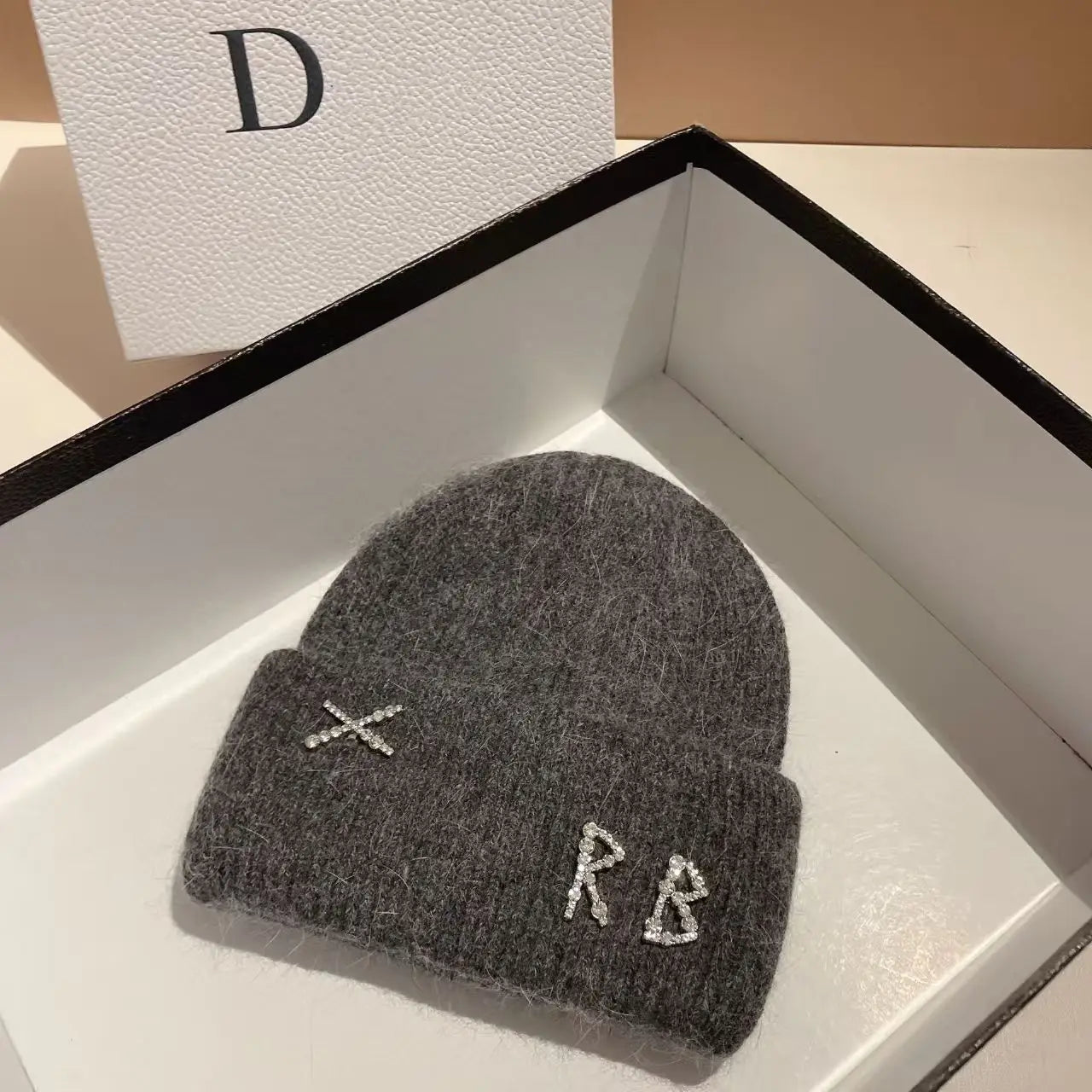Real Rabbit Fur Diamonds Letter Beanie