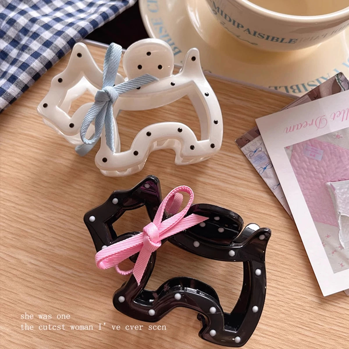 1pc bowknot polka dot dog claw clip, cute girl half-up bun shark hair clip, high-end hair accessory headwear