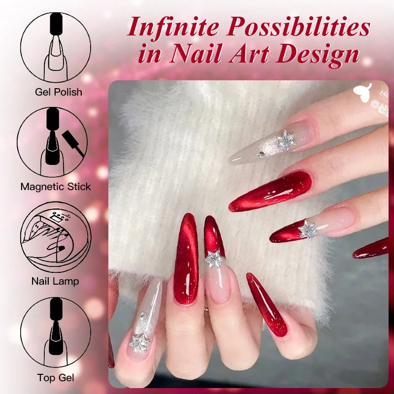 MEET ACROSS 7ml Dark Red Cat Magnetic Gel Nail Polish for Winter Nails DIY Jelly Glass Holographic Cat Eye Gel UV Gel Nail Art