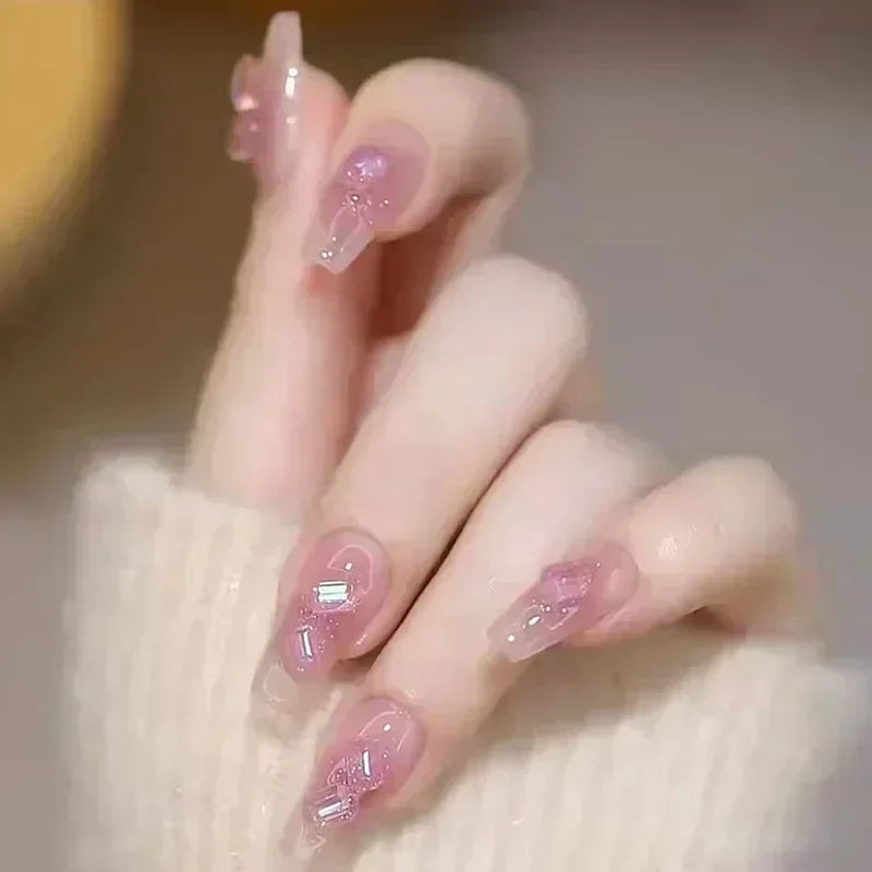 24Pcs Pink Ballet False Nails Long Coffin with Rhinestone Love Heart Wearable Fake Nails Full Cover Press on Nails Tips Glitter
