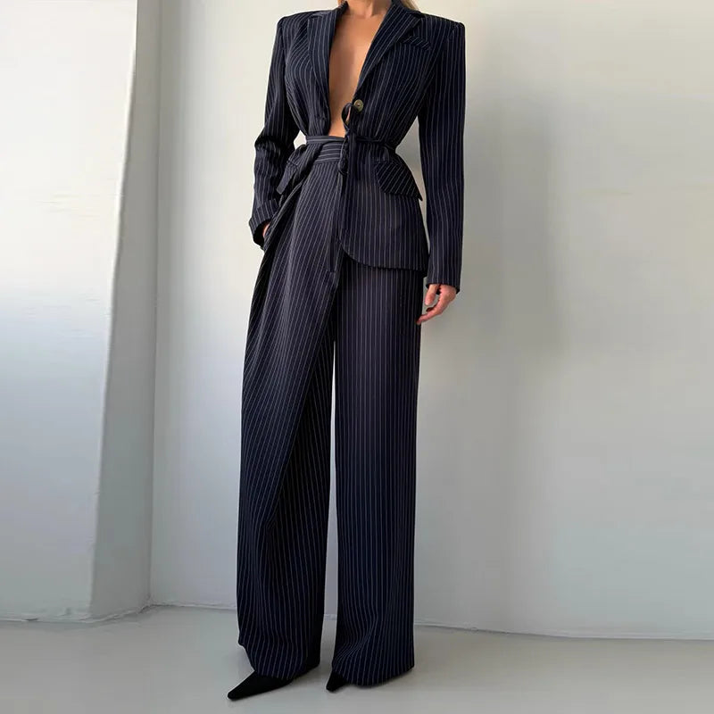 Backless Tie Waist Pinstripe Blazer Set