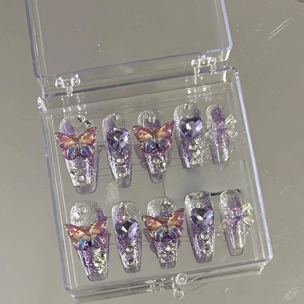 10 Pieces Purple Fantasy Butterfly Fake Nails Heart Diamond Sparkling Nail Art Patch Y2K Spice Girls Handmade Wearable Nails