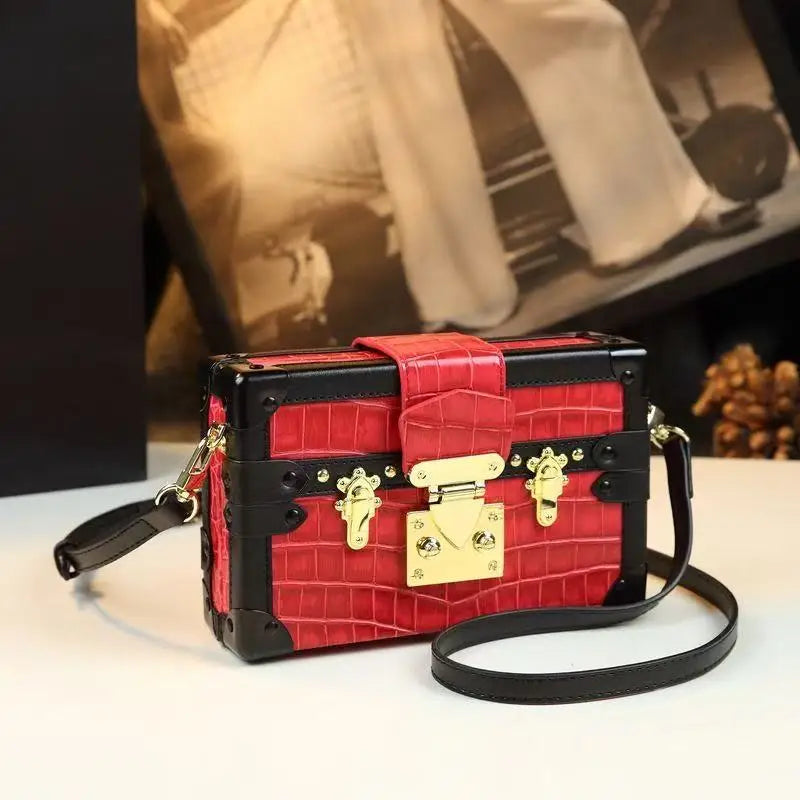 Leather Crocodile Pattern Box Shoulder Crossbody Bag
