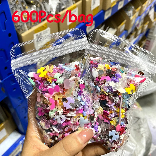 600Pcs Mixed Kawaii Resin Ribbion Bow Nail Charm 3D Colorful Flat-back Hearts/Flower/Bows Korean Jewelry Nail Art DIY Decoration