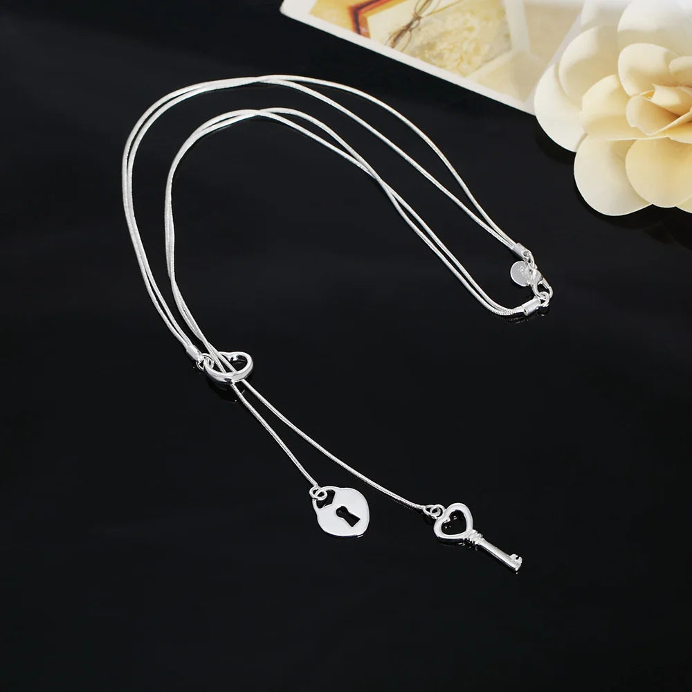 925 Sterling Silver Heart Lock Key Necklace