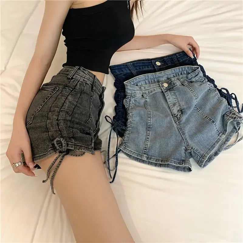 Ruched Drawstring Denim Shorts