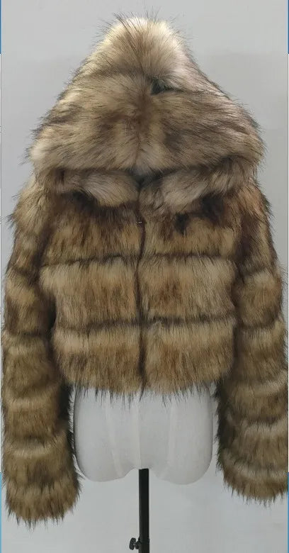 Women Faux Fox Fur Coats Short Work Fur Jackets Spliced Hooded Long Sleeves Thick Warm Fur Loose Y2k Casual 2025 Autumn Winter