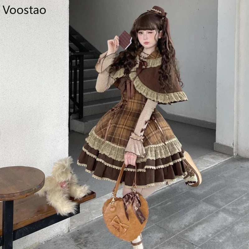 Lace Bow Peter Pan Collar Cloak Top Plaid Mini Dress Set