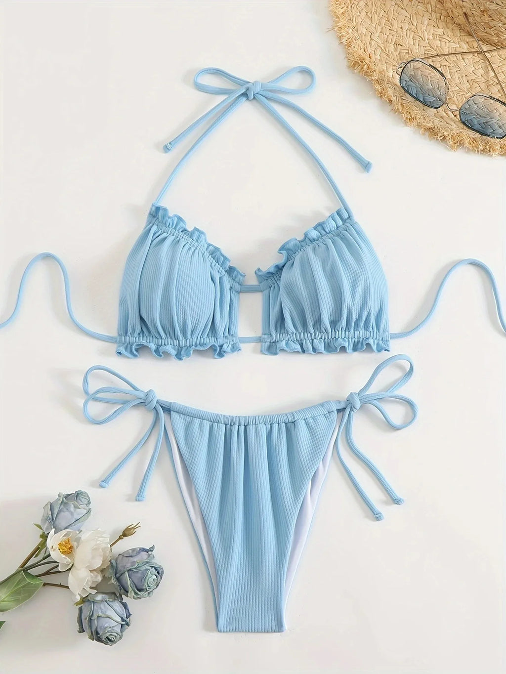 Ribbed Halter Bikini Set with Ruffle Trim and Side-Tie Bottoms