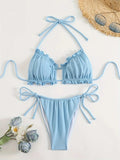 Ribbed Halter Bikini Set with Ruffle Trim and Side-Tie Bottoms