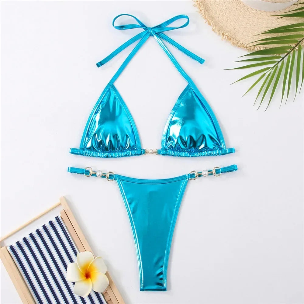 Shiny String Halter Triangle Micro Bikini