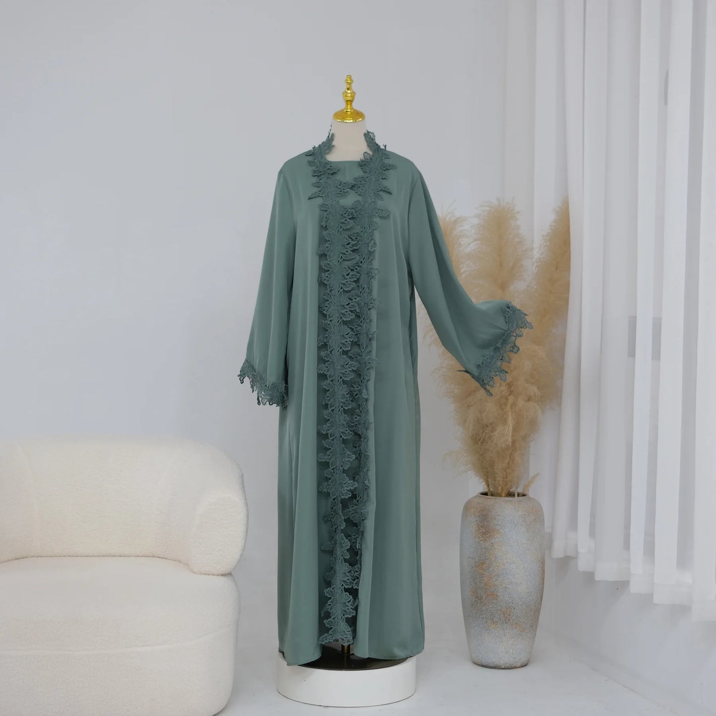 Eid Dress Abaya Suit Lace Cardigan Robe Women Muslim Dresses 2 Piece Set Ramadan Dubai Party Abayas Kaftan Vestidos Jalabiya
