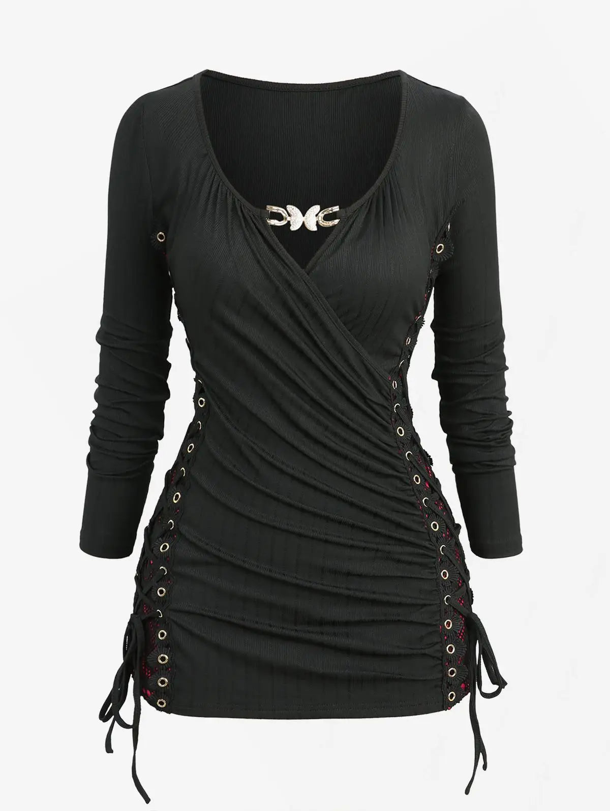 Surplice Butterfly Buckle Long Sleeves Top