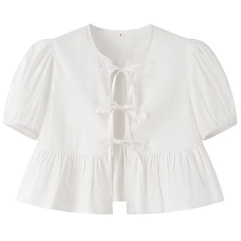 HXAO Frill Loose Fit Top Short Sleeve Crop Lace-Up Blouse