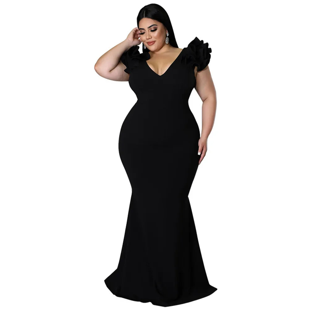 Wmstar Plus Slip Hem Ruffle Sleeve Maxi Dress