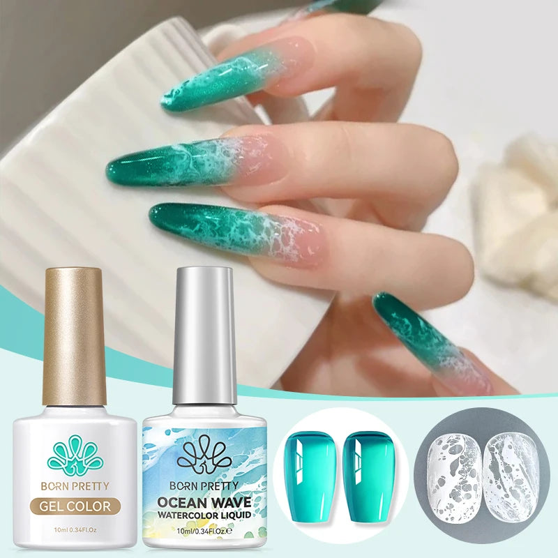 BORN PRETTY 1/2Pcs Ocean Wave Watercolor Liquid Gel Nail Polish Set