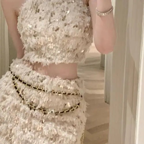Halter Neck Sequin Top Half Body Hip Short Skirt Set