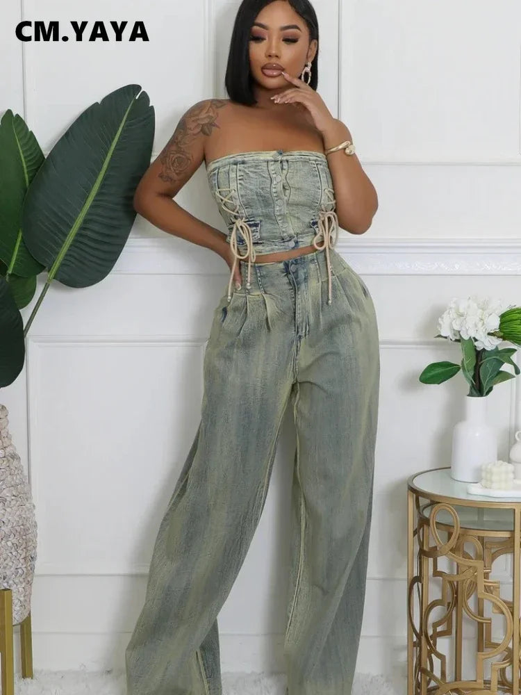 CM.YAYA Denim Set Sleeveless Strapless Top +Loose Jeans Pants