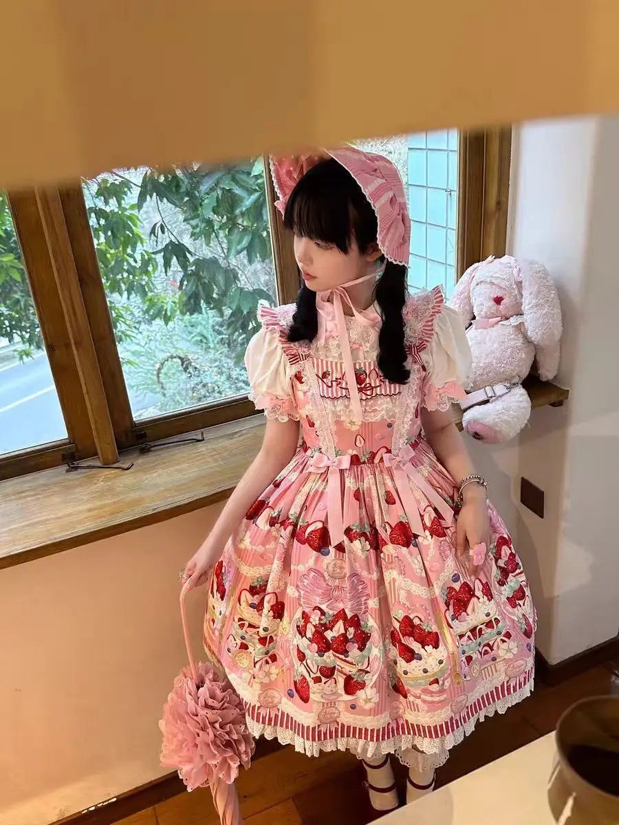 Strawberry Cake Print Suspenders Dress