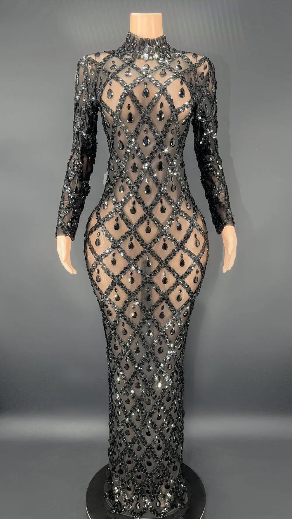 Sparkly Big Rhinestone Transparent Long Dress